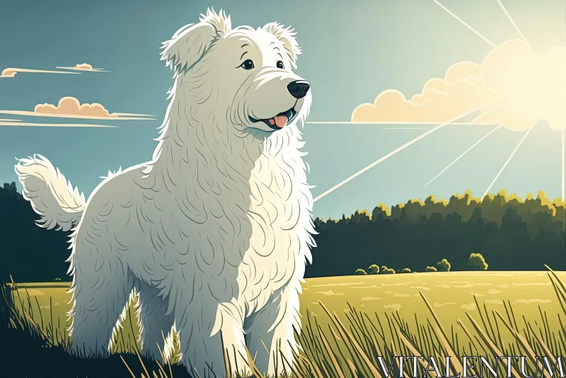 White Cartoon Dog in Sunset Field - Monochromatic Historical Illustration AI Image