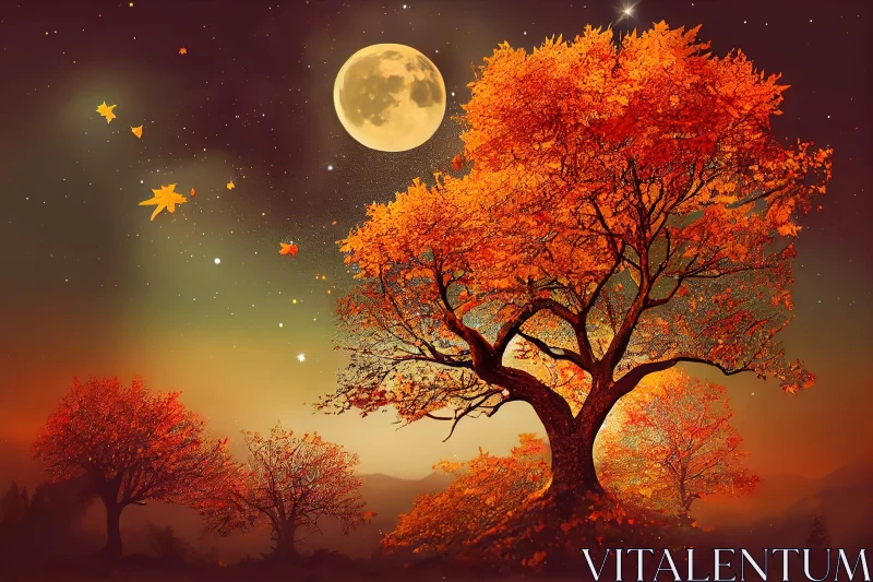 Autumn Tree Under the Moonlight - Romantic Landscape Illustration AI Image