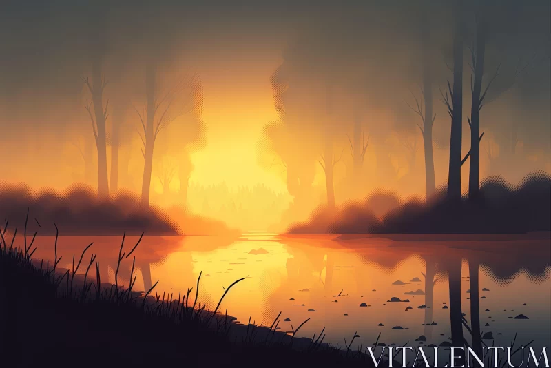 Sunset Lake Scene: An Atmospheric Woodland Imagery AI Image