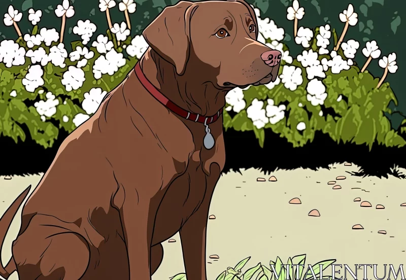 Brown Dog in Tranquil Animated Gardenscape Illustration AI Image
