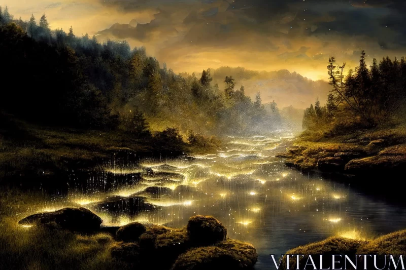 Golden Light Fireflies: A Tranquil River Scene AI Image