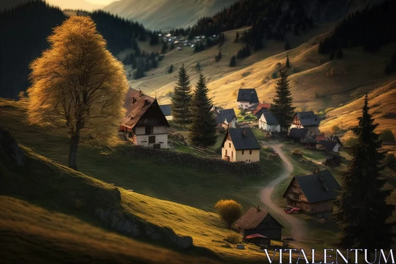 Idyllic Village Landscape in Golden Light AI Image