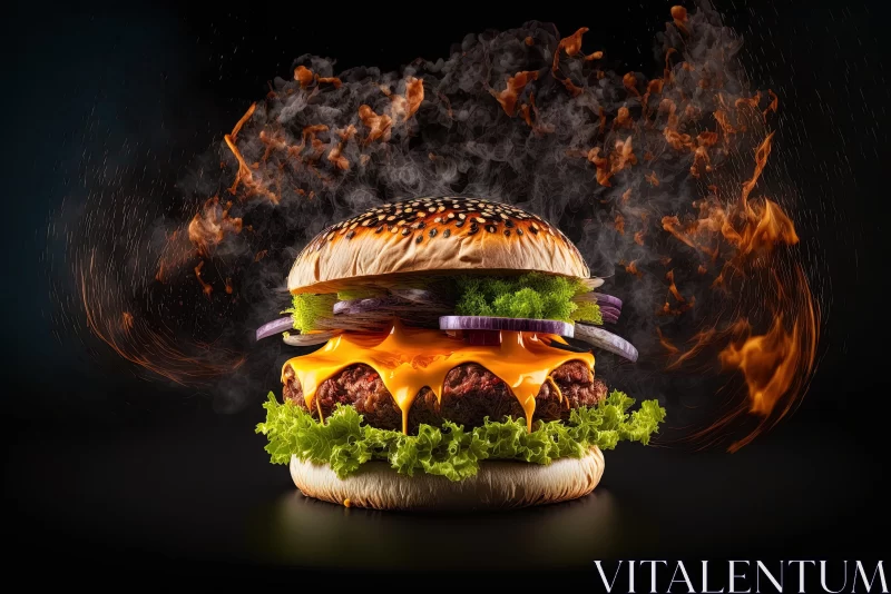 Flaming Burger on Black Background: A Surreal Feast AI Image