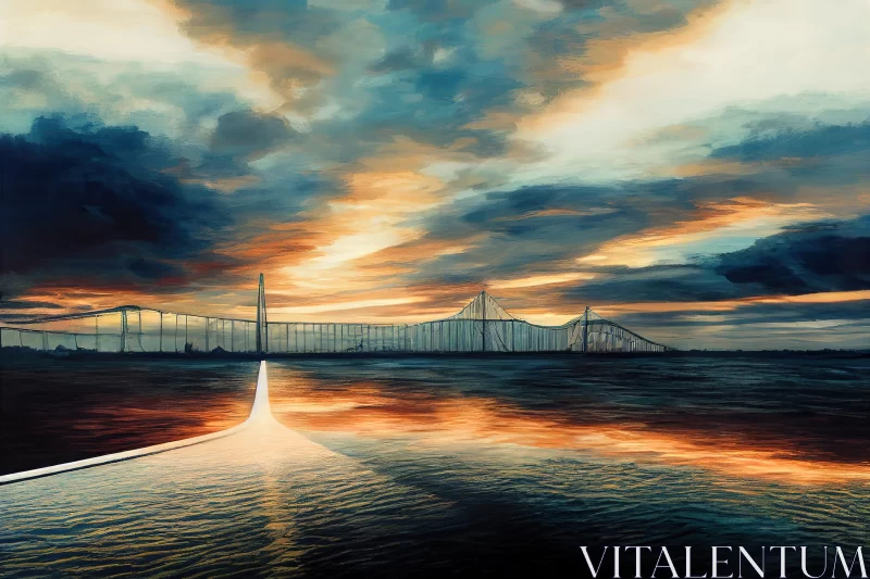 Sunset Bridge over Lake - Conceptual Artwork AI Image