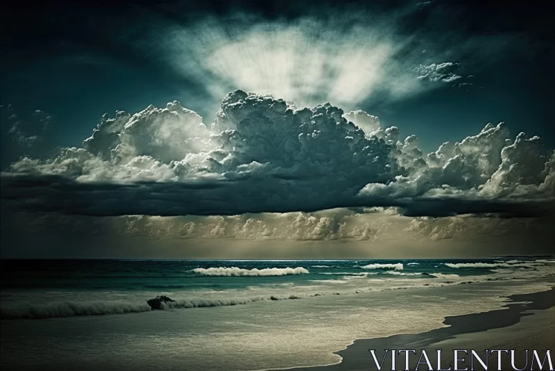 Surreal Beach Landscape under Stormy Clouds AI Image