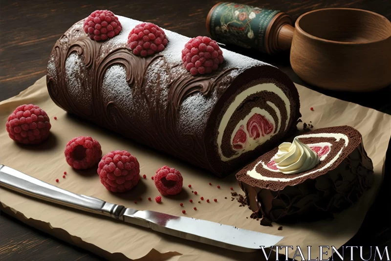 Exquisite Chocolate and Raspberry Roll Rendered in Realistic Detail AI Image