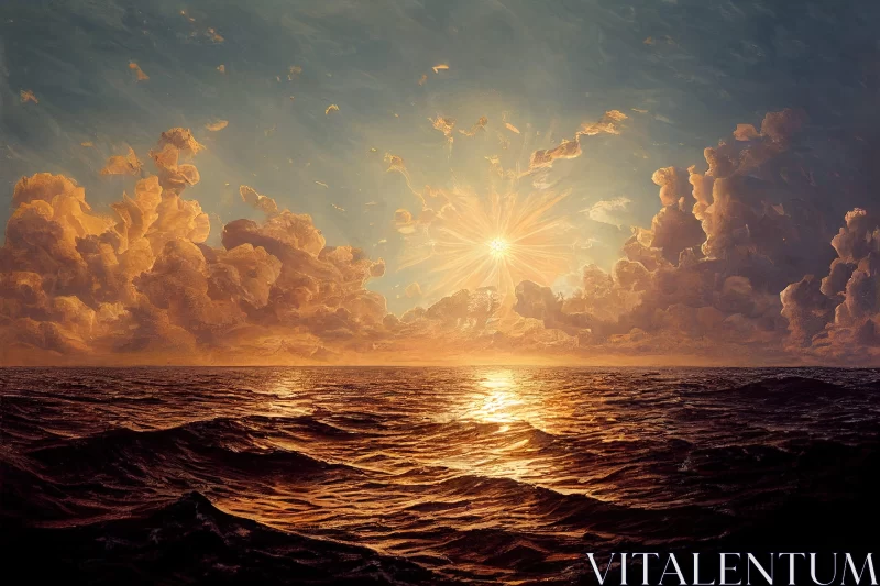 Canvas Painting of a Radiant Sunset over the Ocean AI Image