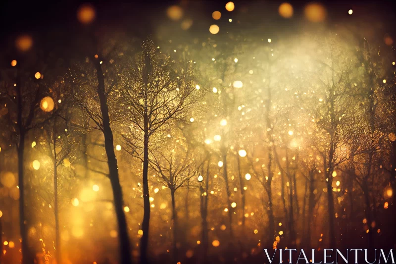 Golden Forest Night Scene: A Dreamy, Glittery Wonderland AI Image