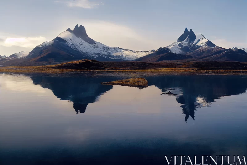 Mountain Peaks Reflected in Water: Panoramic Landscape AI Image