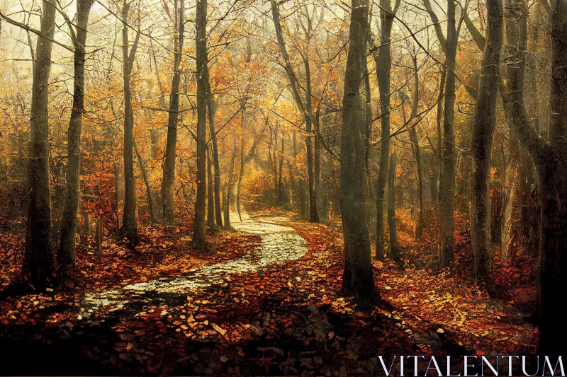 Tranquil Trail in the Woods: A Photo-realistic Landscape Painting AI Image