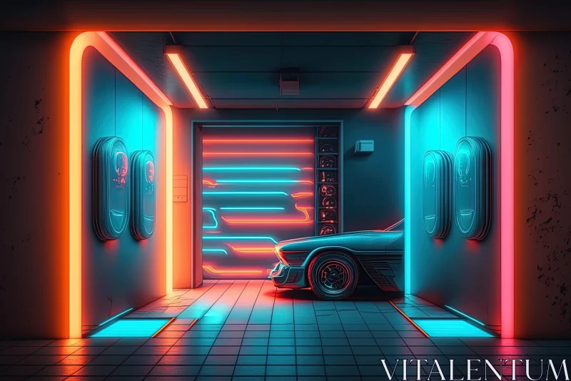 AI ART Neon Lit Vintage Car in Futuristic Garage