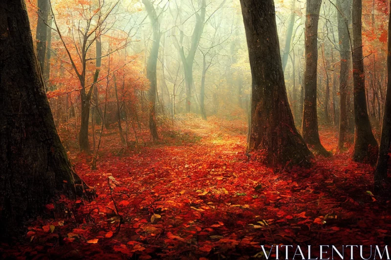 Ethereal Forest Scene with Vibrant Red Leaves AI Image