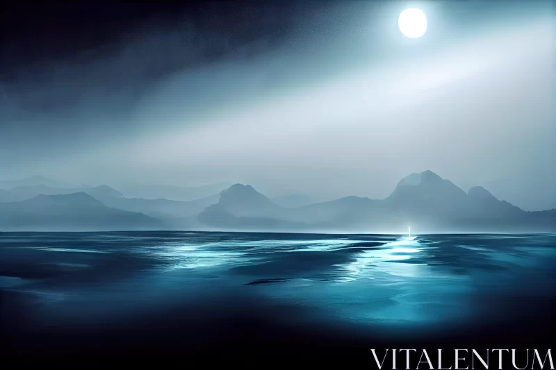 AI ART Moonlit Ocean Digital Painting - Tranquil and Moody Scenery