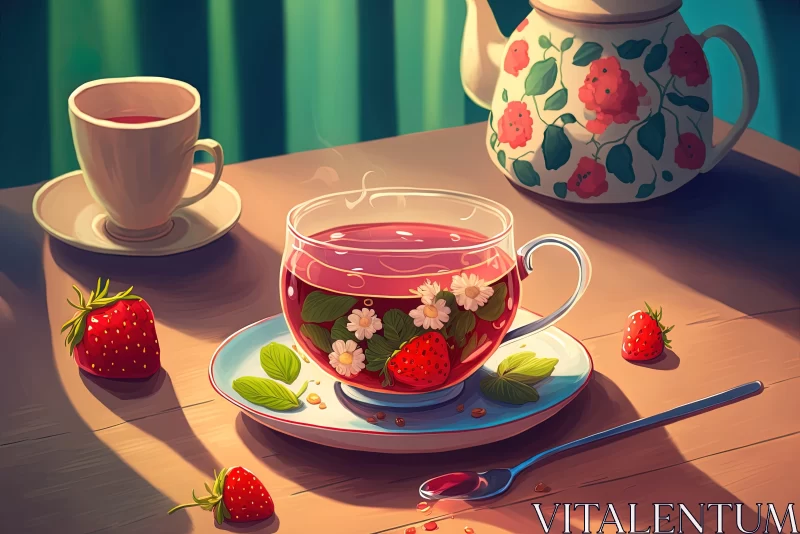 Strawberry Tea Cup - A Blend of 2D Game Art and Realistic Colors AI Image