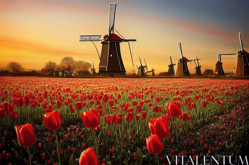 Romantic Holland Field: Tulips and Windmills at Sunset AI Image