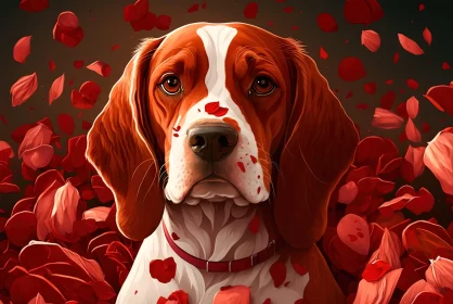Beagle Amidst Red Petals in Forest - A Romantic 2D Game Art Illustration