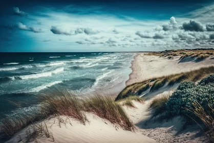 Serene Beach Scene with Sand Dunes and Ocean Waves