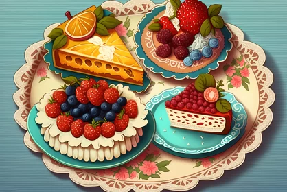 Colorful Desserts on Decorative Plates - A Feast for the Eyes