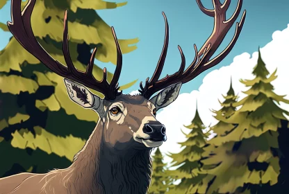 Stag in Forest - Cartoon Realism Artwork