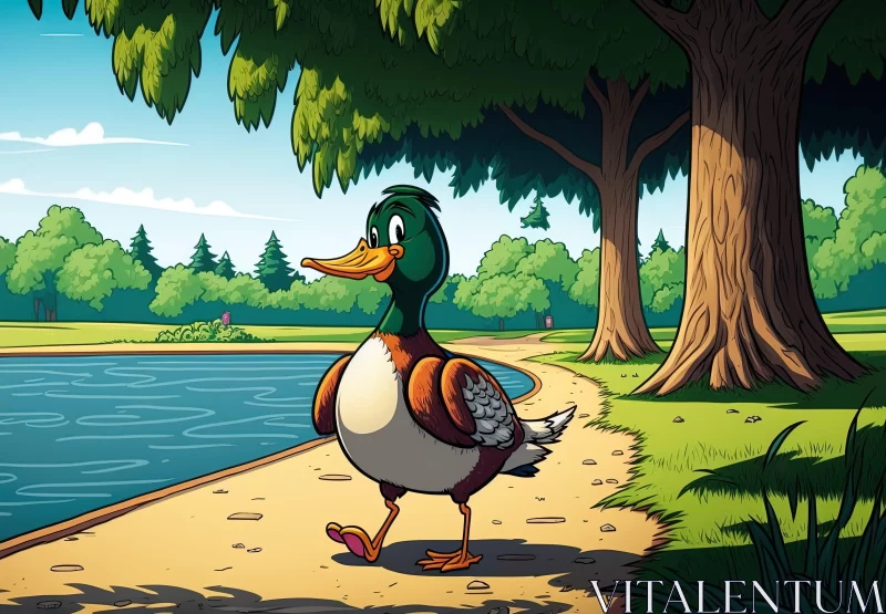 Cartoon Duck Strolling in Forest - A Comic-Inspired Artwork AI Image