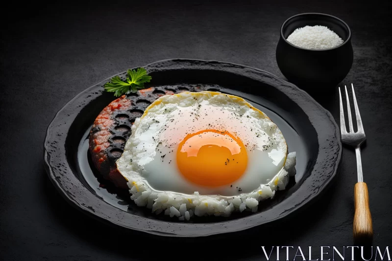 Fried Egg on Black Plate - A Traditional Culinary Art Piece AI Image