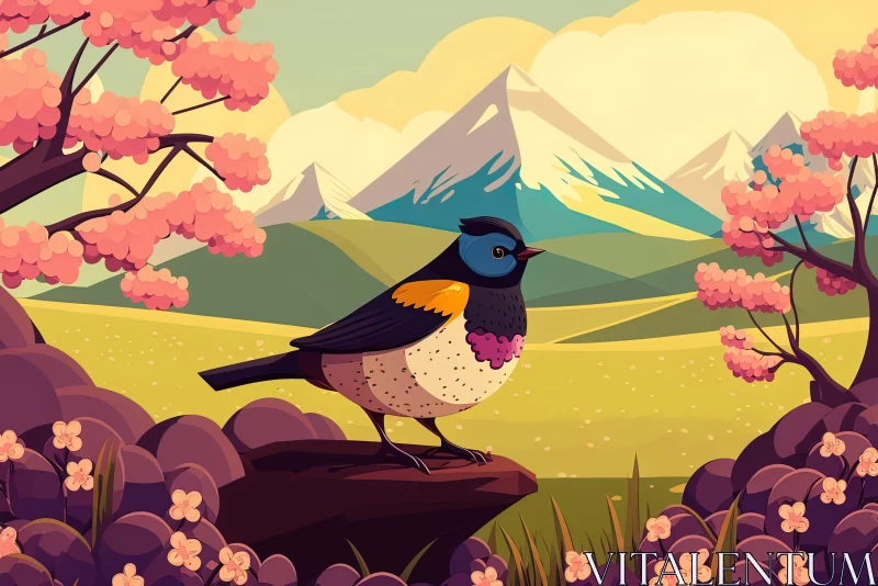Cartoon Bird amidst Pink Cherry Blossoms and Mountainous Landscape AI Image