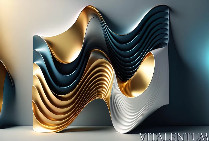 Gold and Cyan Abstract 3D Art with Wavy Metallic Compositions AI Image