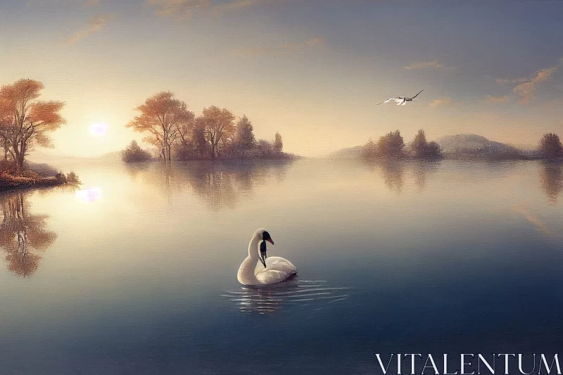 Ethereal Swan Lake Sunrise - Nature Art AI Image