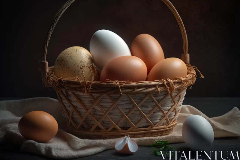 Organic Realism: Baskets of Eggs on a Dark Background AI Image