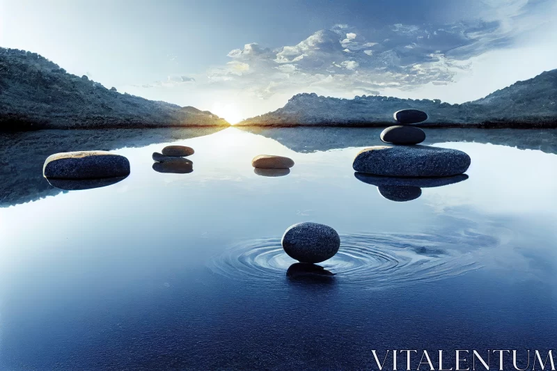 Tranquil Zen-like Landscape with Stones on Lake at Sunset AI Image