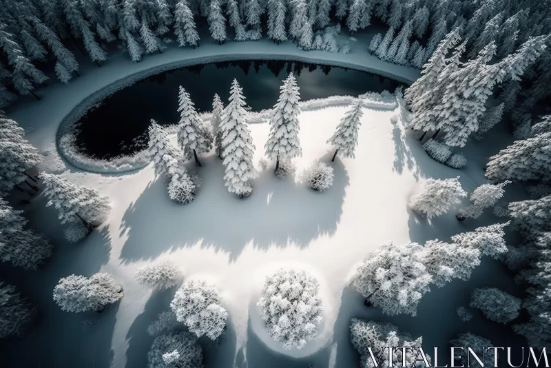 Winter Wonderland: Monochromatic Mastery of a Circular Pond AI Image