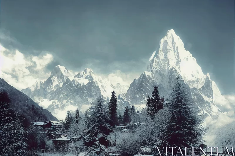 Snowy Landscape: Mountain Peaks and Winter Cottage AI Image