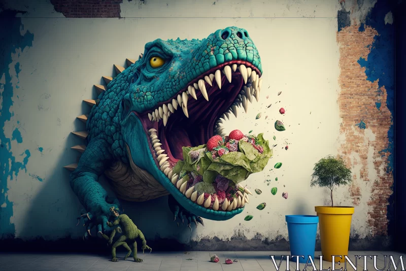 Surreal Urban Art: Dinosaur Amidst Vegetables AI Image