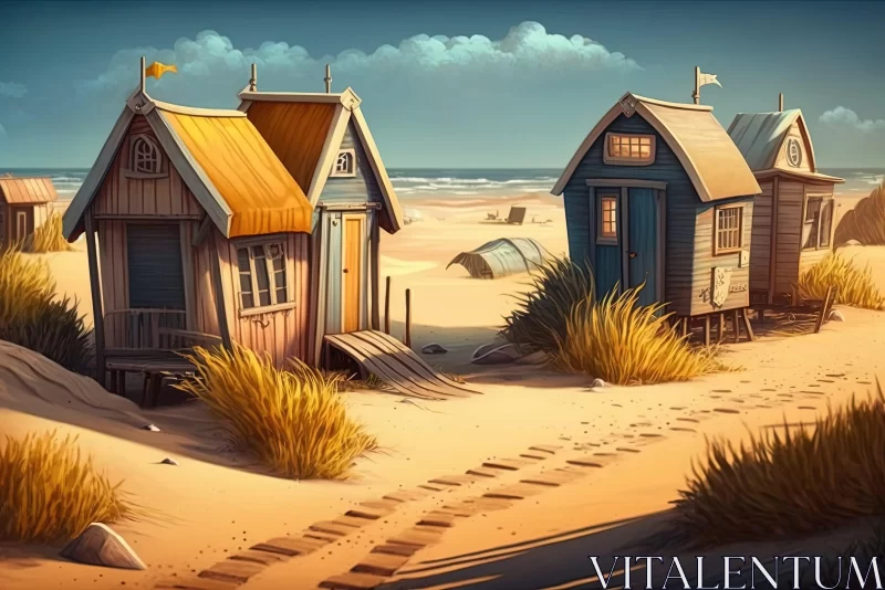 Fantasy Beach Huts: A Matte Painting Concept Art AI Image