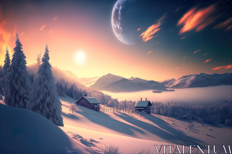 Fantasy Winter Landscape with Satellites and Snowy Trees AI Image