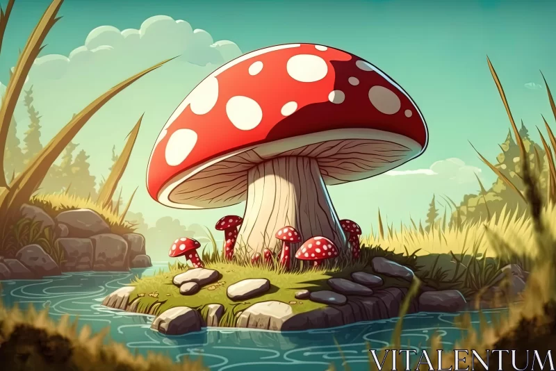 Large Red Mushroom Illustration in Nature-based Cartoon Style AI Image