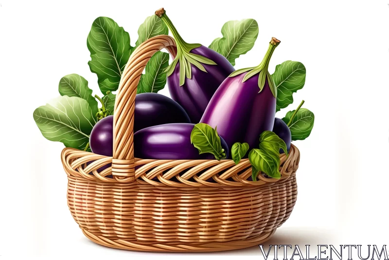 Eggplants in Wicker Basket - A Goosepunk and Villagecore Illustration AI Image