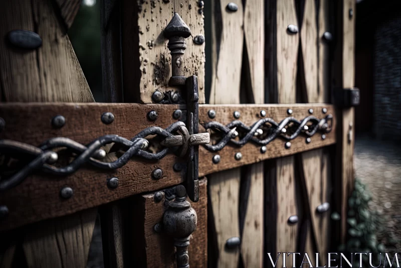 Medieval Inspired Wooden Gate with Intricate Gothic Metalwork AI Image