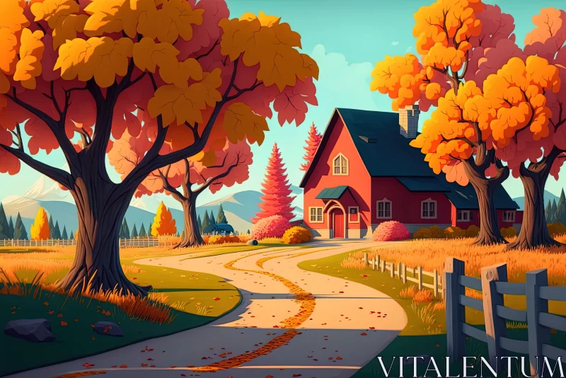 Stylized Cartoon of an Autumn Country Road and House AI Image