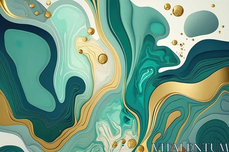 Abstract Art - Aqua Swirls and Gold in Fluid Organic Shapes AI Image