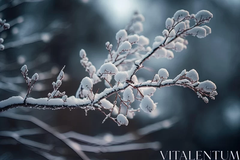 Winter's Enchantment: An Icy Branch Amidst Snow-Covered Foliage AI Image