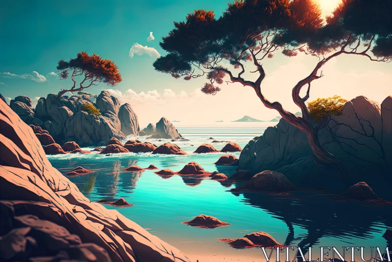 Lush Coastal Landscape in Cyan Tones: A Nature's Masterpiece AI Image