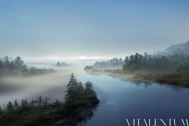 Ethereal Twilight: Misty River Landscape in Eastern Russia AI Image