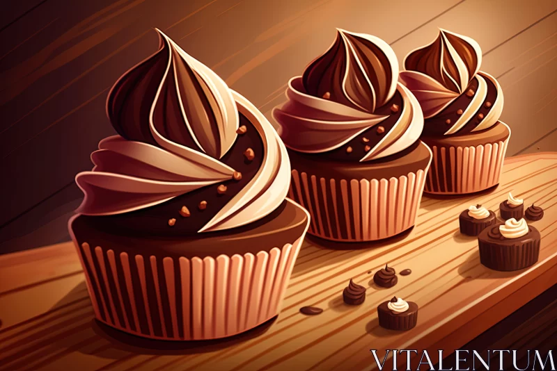 Intricate Digital Illustration of Three Chocolate Cupcakes AI Image