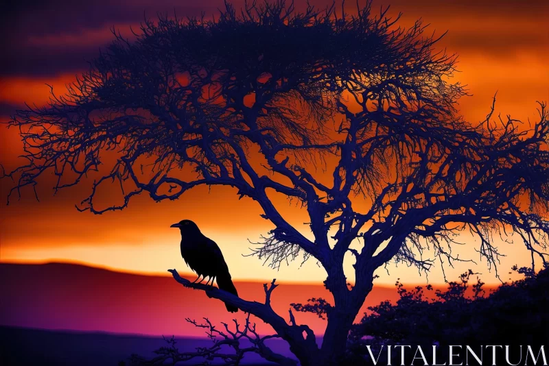 Crow Perched on Tree at Sunset: An African Art Inspired Image AI Image