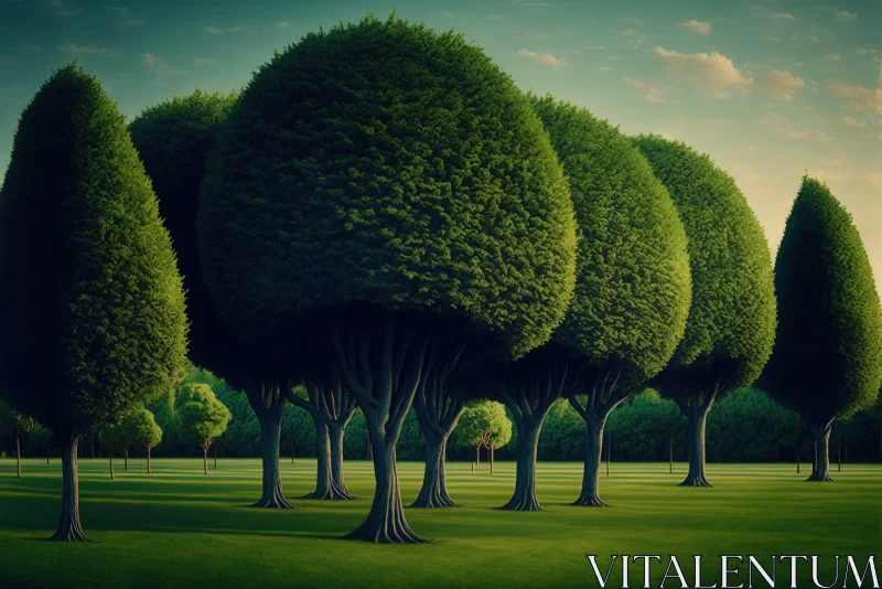 Surreal 3D Landscape of Serene Green Trees AI Image
