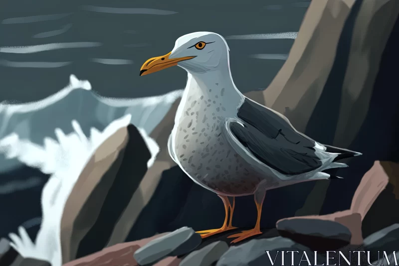 Artistic Seagull on Rocky Hill: 2D Game Art Illustration AI Image