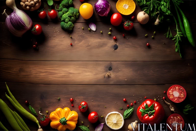 Rustic Display of Fruits and Vegetables on Wooden Table AI Image