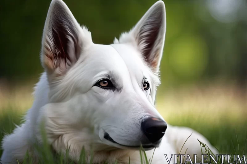 White Shepherd Dog Relaxing on Grass - A Study in Realistic Portraiture AI Image