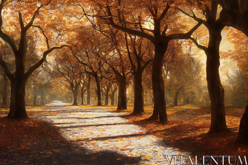 Enchanting Autumn Pathway Under Bronze Trees AI Image